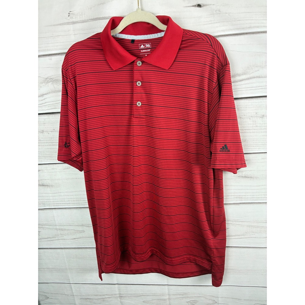 Adidas Mens Climalite Red Black Striped Golf Polo Shirt Size Medium Anchor Logo